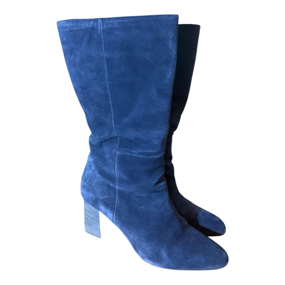 Splendid Suede Boots Kent Navy Blue Women’s Sz 9.5 Mid Calf Side Zip Block Heels